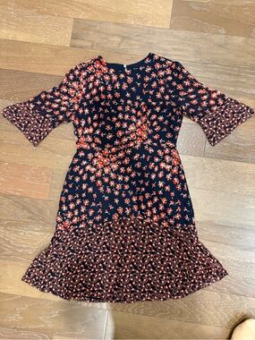 LK Bennett Navy Red Midi Silk Dress with Coral Floral Print